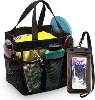 Shower Caddy Coated Mesh XLarge Tote Bag Includes 8 Pockets Waterproof Phone Pouch Gym Dorm Travel Quick Dry (Solid Black)