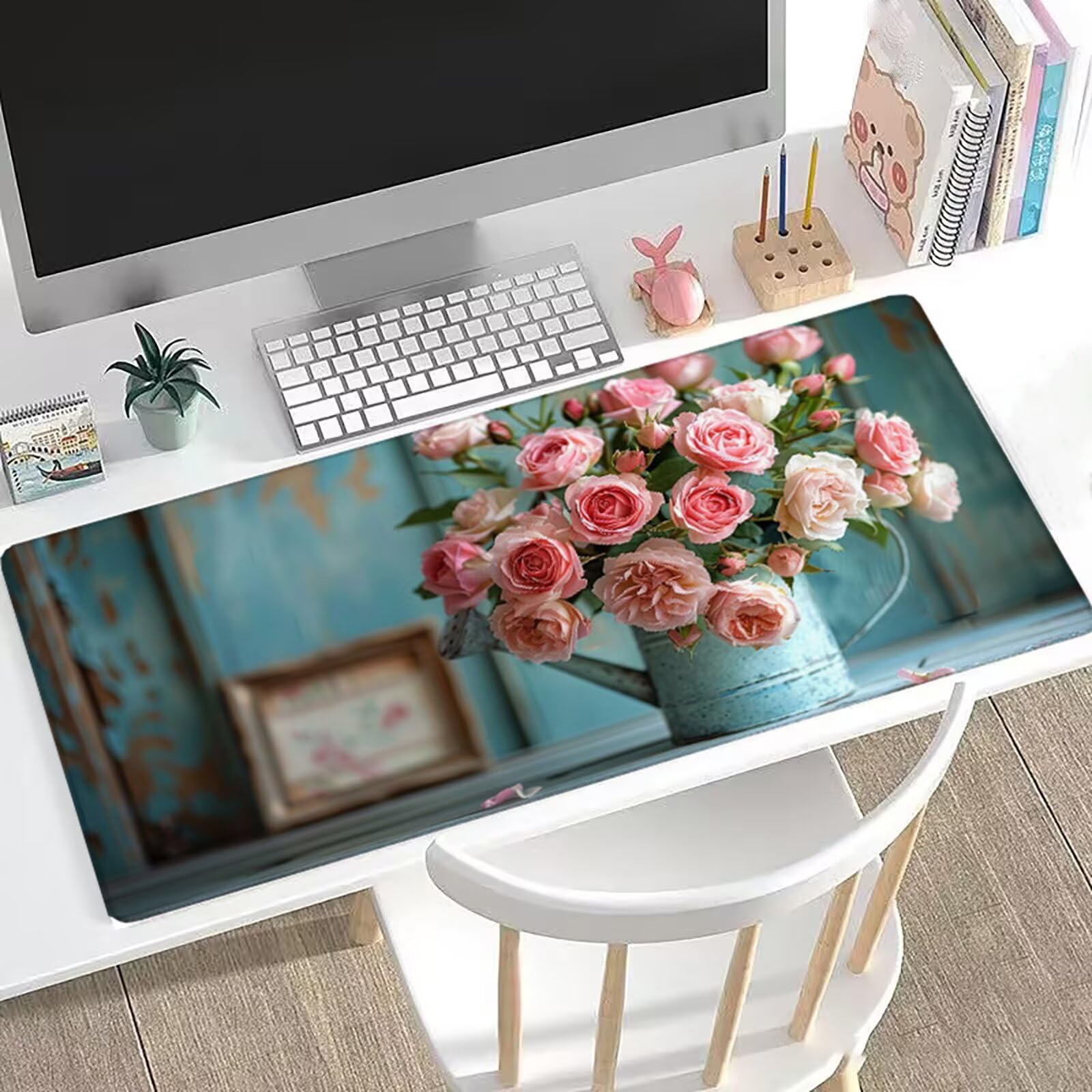 Podkładka pod mysz XXL 120 x 60 cm do gier kwiat pod ręką duże biurko, podkładka pod mysz ze stabilną antypoślizgową podstawą, różowa podkładka pod mysz, akcesoria do biura do pracy w domu, klawiatura