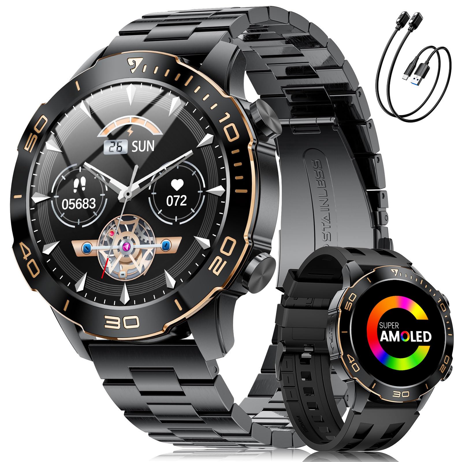 LIGE Smartwatch Herren 800mAh 1.43" HD für Android/iOS, Schwarz | AMOLED Screen, Langer Akkulaufzeit, 170+ Sportprofile, IP68 Wasserdicht, Bluetooth-Telefonie, 24/7 Gesundheits-Tracking