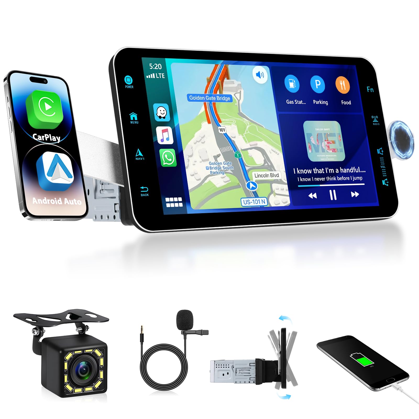 Podofo Autoradio mit Wireless A-pple CarPlay/Android Auto, Bluetooth 5.0 Drehbarer 1 DIN 9'' HD Touchscreen mit Handyhalter/Mirror Link/GPS/SWC/EQ/FM/RDS/TF/USB/Telefonhalter + Mikrofon + Rückkamera