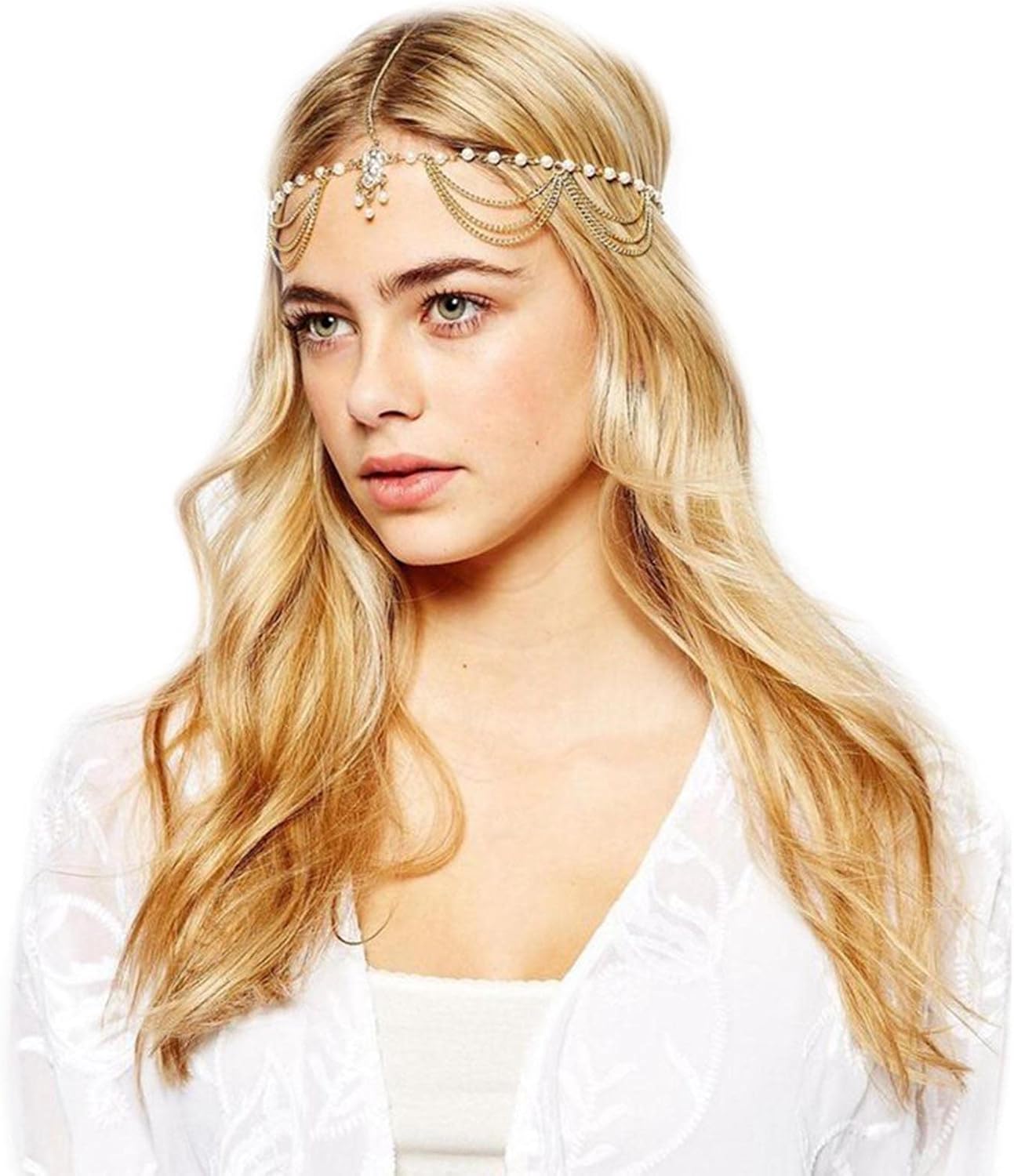 Wendalern Boho Layered Crysatal Pearl Head Chain Rhinestone Bridal Hair