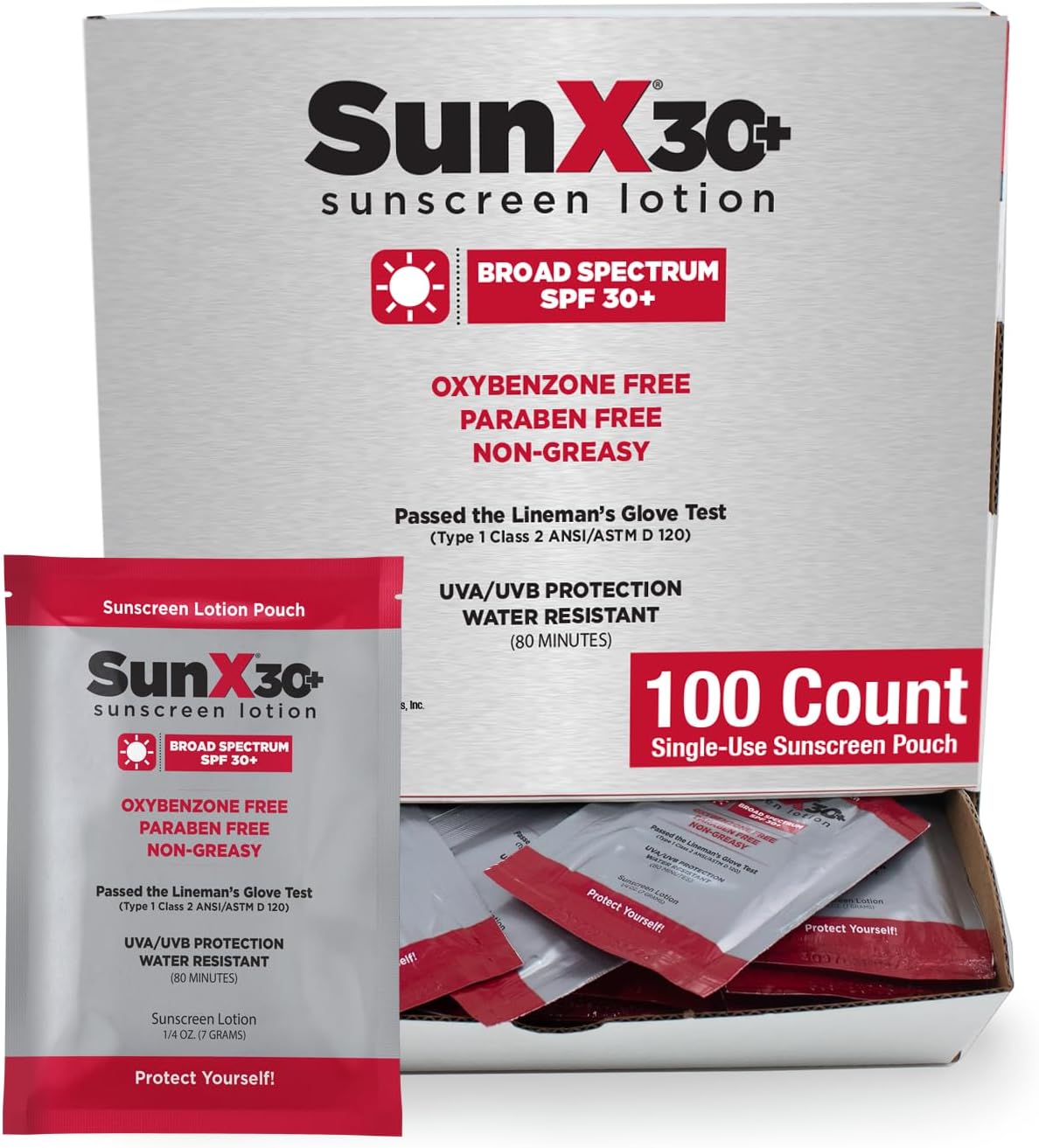 CoreTex Sun X 30+ SPF Individual Sunscreen Packets Travel Size - Bulk Pack of 100 Paraben, Oxybenzone, & Oil Free Broad Spectrum Sunscreen - No White Cast and Water Resistant Up to 80 Minutes
