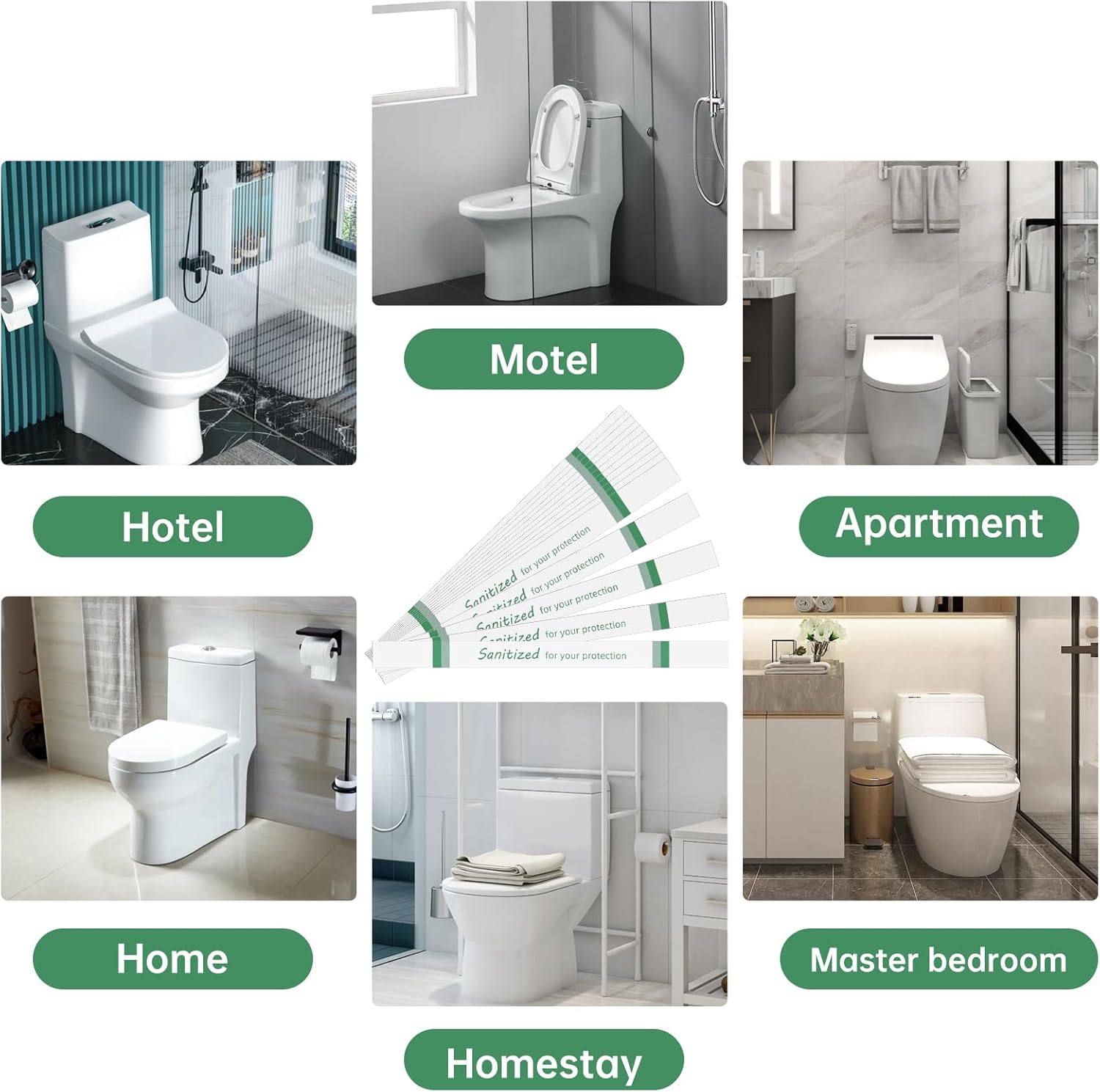 Germiwipe 500Pcs Sanitized Toilet Seat Band,Hotel Essentials, Printed Toilet Strips for Hotels Motels Hospitals (Green/White) TSB-500