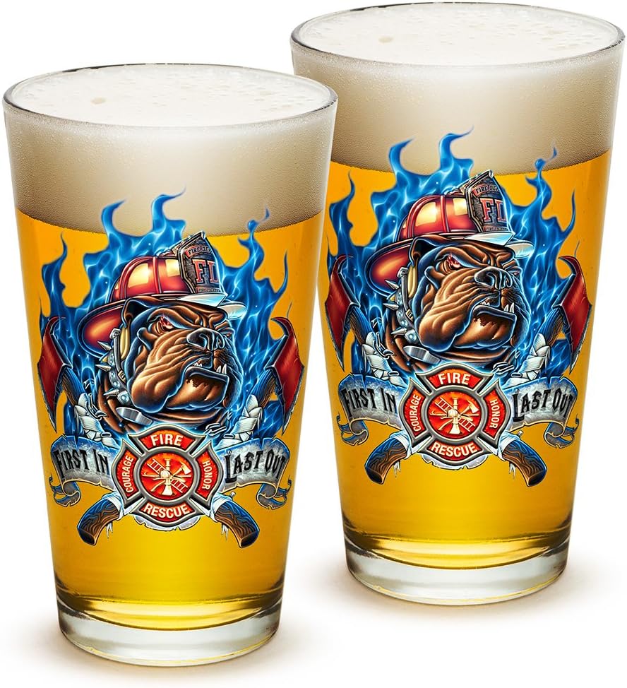 Erazor Bits Firefighter Fireman - First In last out - Classic Premium Beer Pint Glasses 16 Ounce - Set of 24 - Highball Cocktail Mixing Glass - Perfect for Cold Beverages - With Logo
