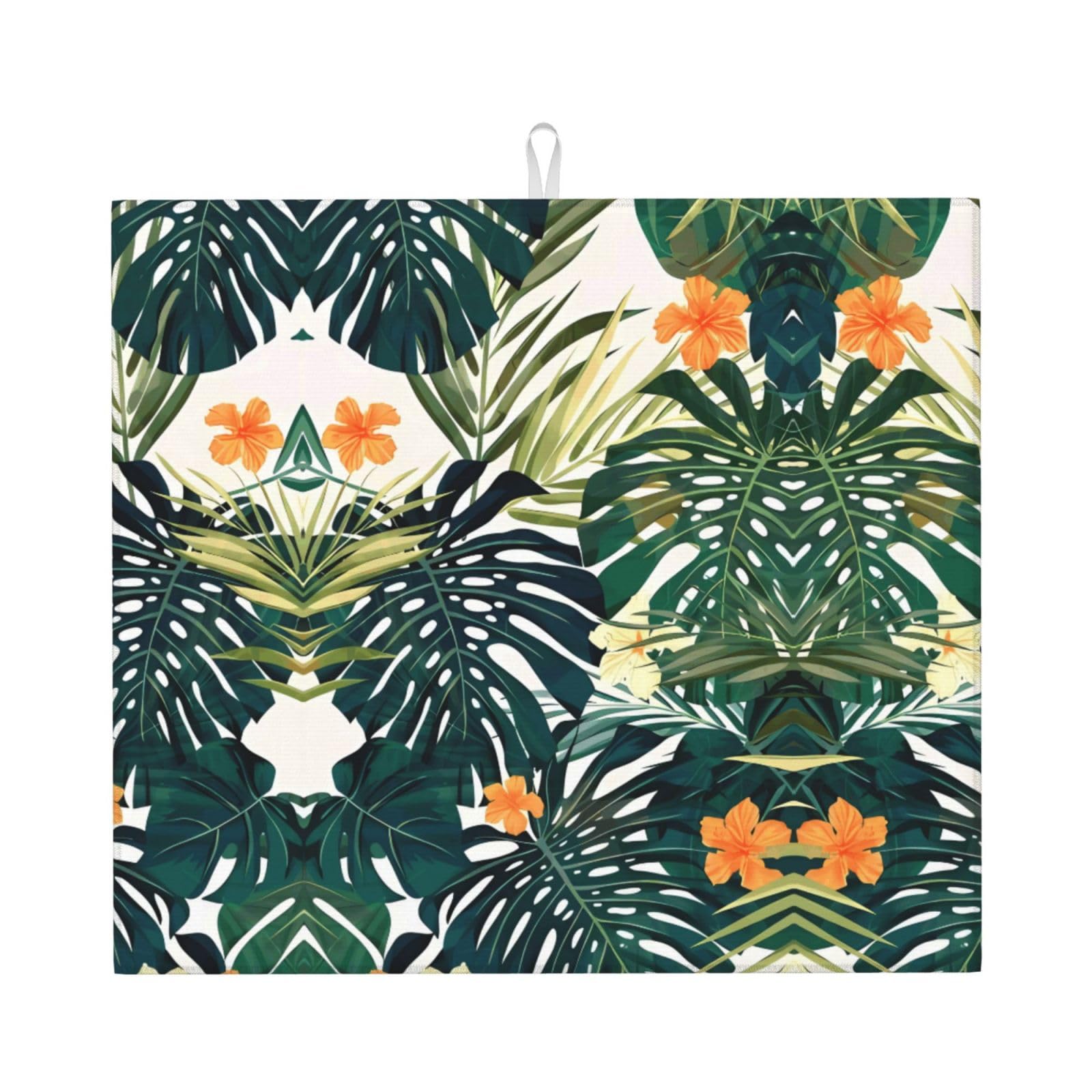 YYHWHJDE Tropical Summer Hawaiian Flower Palm Leaves Prints Kitchen Drying Mat – Absorbent Dish Throw, Non-Slip Countertop Layer with Vibrant Prints, Ideal for Housewarming