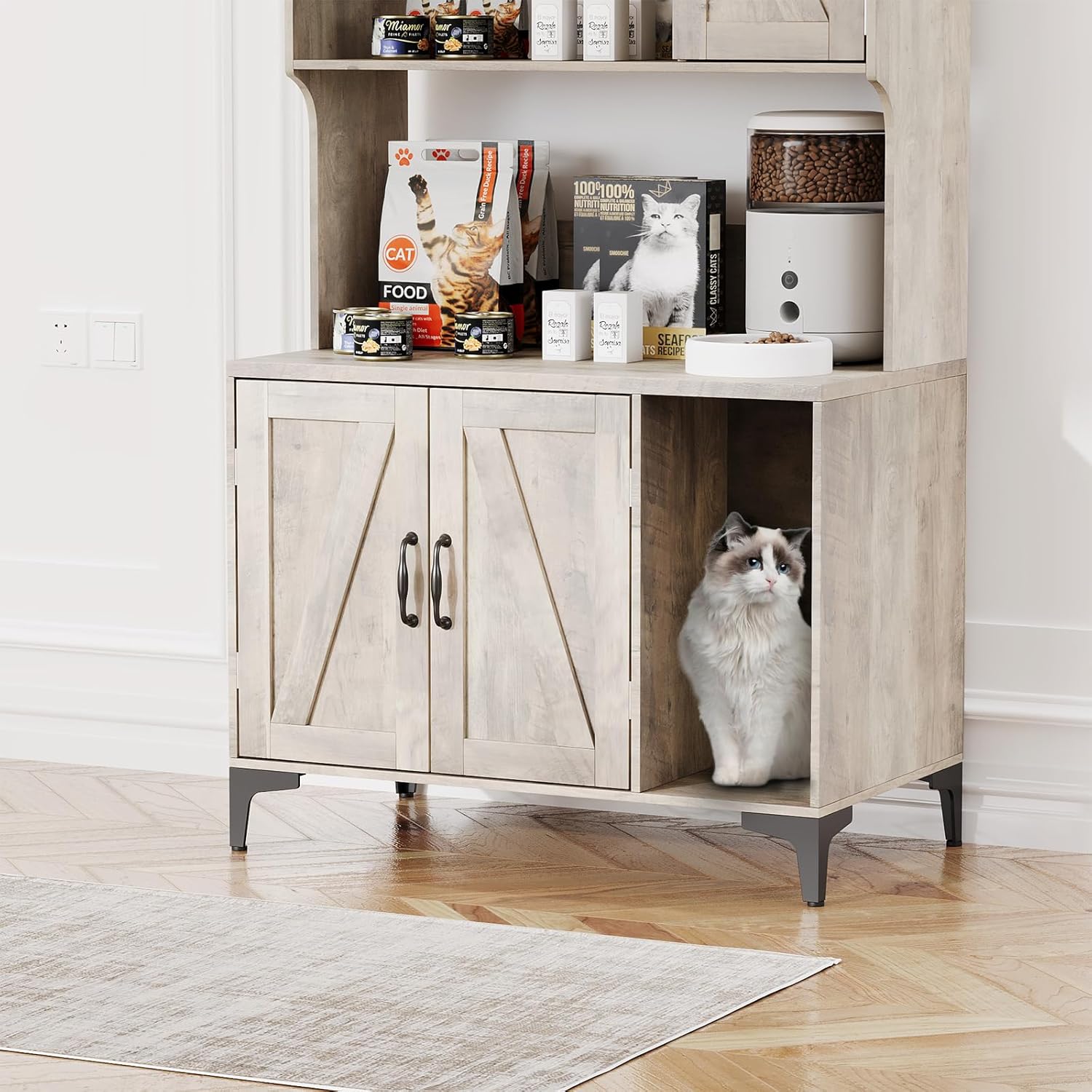 TrailBlaze Large Modern Cat Litter Box Enclosure with 4-Tier Storage Shelves & 2 Doors – Hidden Cat Washroom Cabinet, Sturdy Wood, Indoor Cat House – Gray, Includes Litter Mat