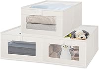 EOXMYXK 3-Pack Linen Storage Bins with Clear Window - Foldable Closet Shelf Organizers 16"x11"x7" Beige for Clothes Toys Towels