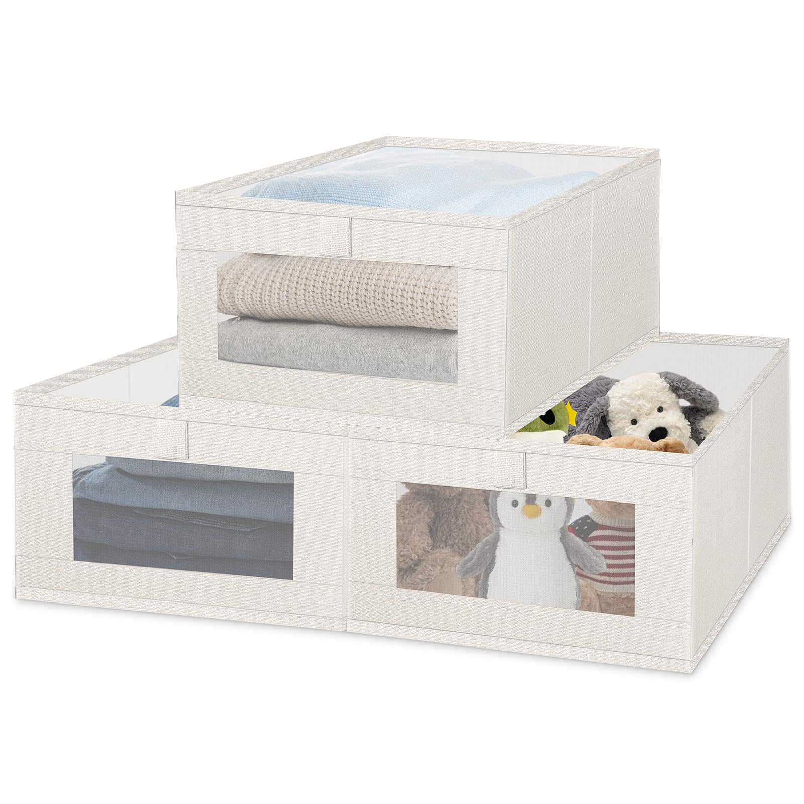 EOXMYXK 3 Pack Linen Storage Bins with Clear Window - Foldable Fabric Closet Organizer Shelf Baskets for Clothes, Toys, Towels, Jeans, Books, Shelves,