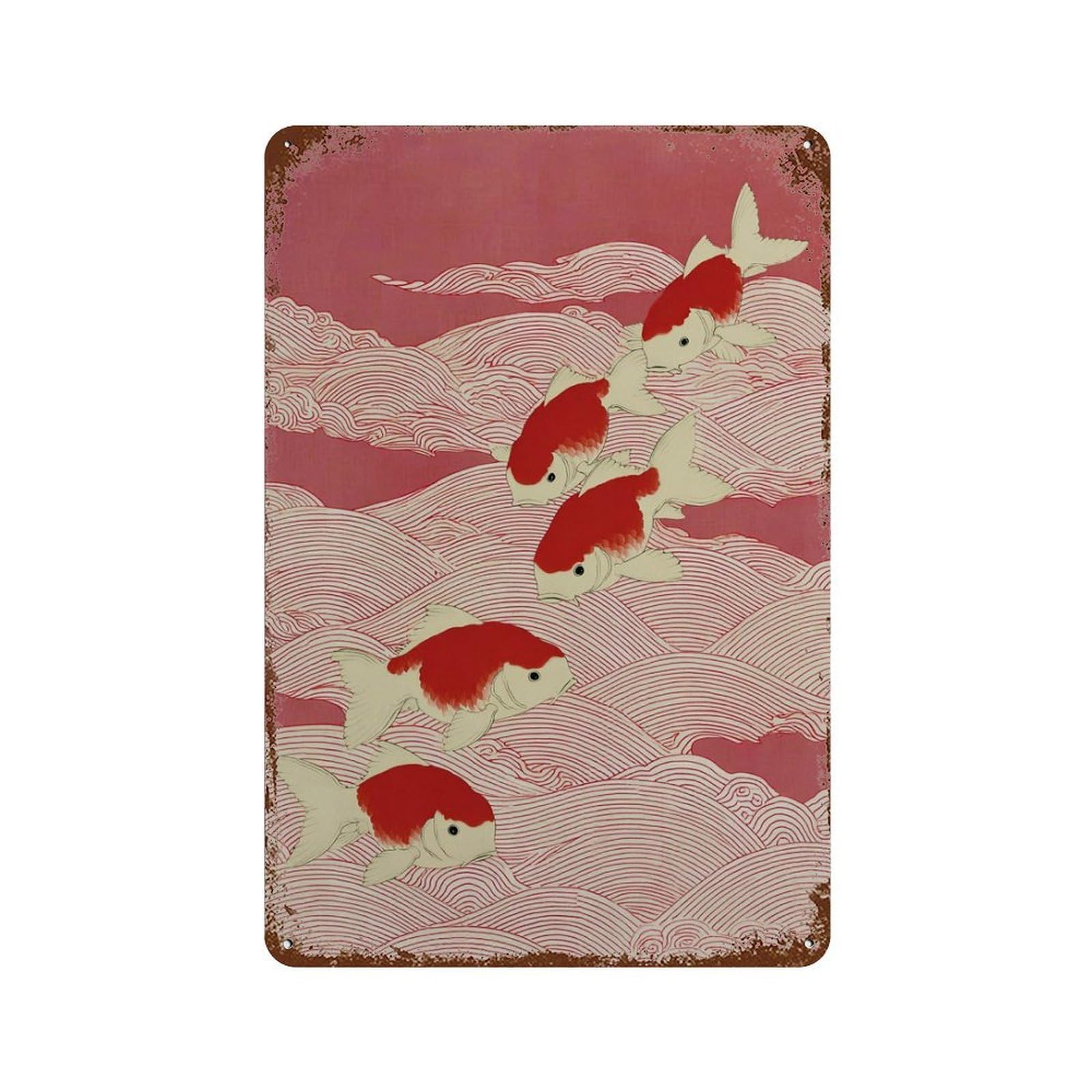xiaoxiaoshen Japanese Koi Fish Red Traditional Asian Wave Minimal Wall Decor Art Metal Tin Poster Modern Home Decor Art Home Bar Shop Decorations Vintage Sign 30x20cm