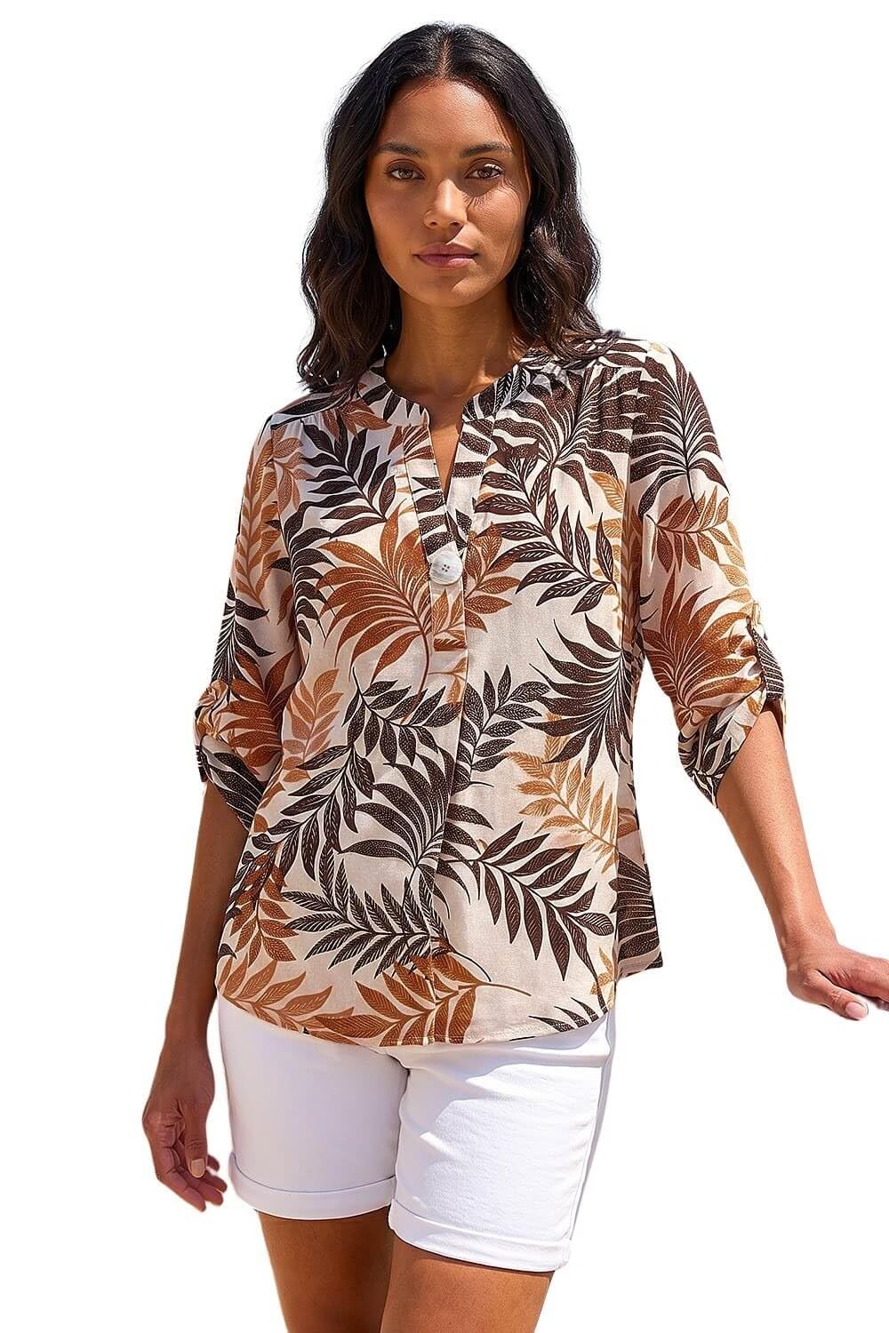 Roman Originals Women's Brown Shirt For Uk Longline Top Collarless Blouse Smart Tunic Casual Evening Relaxed Fit 3/4 Length Sleeve Notch V Neck Long - Size 18
