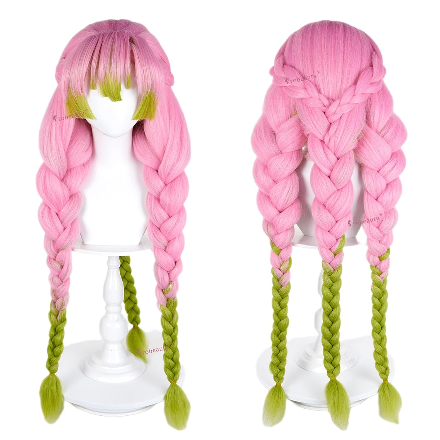 Probeauty Mitsuri Cosplay Wig, Pink Ombre Green Braided Wig for Women Halloween Anime Costume Party Hair with Bangs