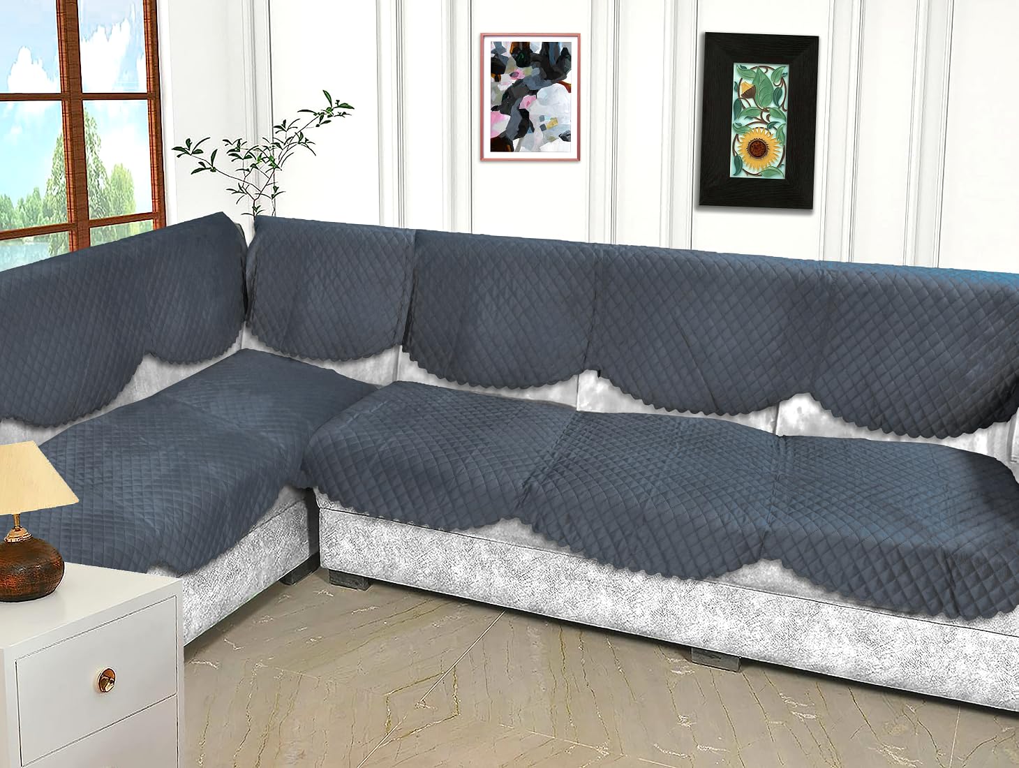 Fashion Throw l Shape Sofa Cover 7 Seater | Velvet Quilted Anti-Slip Protector Covers | Sofa Cover for Living Room | Sofa Slipcovers (Dark Grey, L-Shape)-image-11