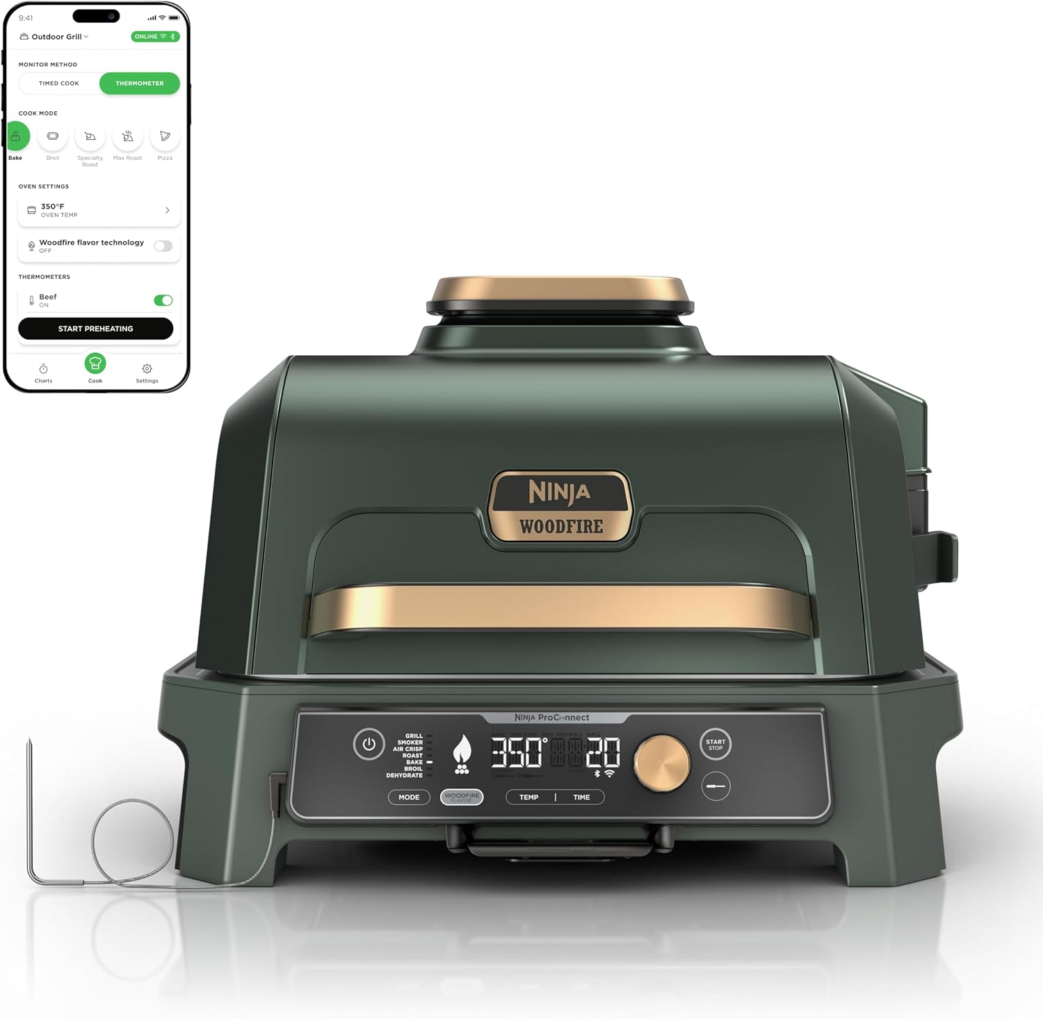 Ninja Woodfire Pro Connect XL Outdoor Grill & Smoker | Bluetooth, App Enabled | 7-in-1 Grill, BBQ Smoker, Outdoor Air Fryer | Woodfire Technology | Built-In Thermometer | Green & Gold | OG951GN2