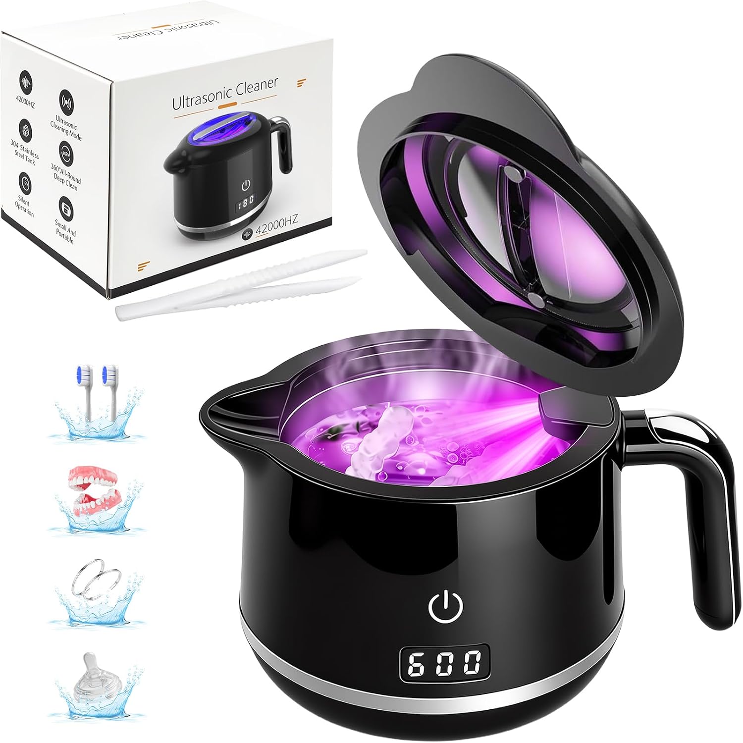 Ultrasonic Retainer Cleaner Machine, 45kHz Dental Cleaning Pod for Denture | 5 Smart Modes with Digital Timer, 200ML Capacity, 42dB Low Noise, Guards & Dentures, Dedicated Denture Cleaning Slot