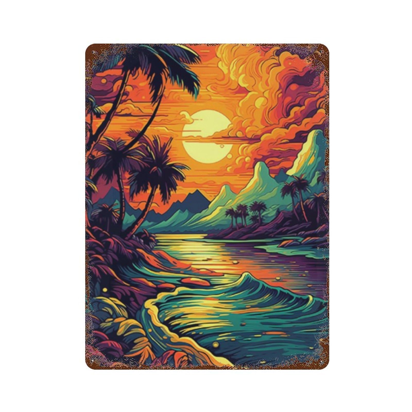 Garage Style Tropical Sunset Landscape Decorative Tin Sign 15.7"x11.8", Shabby Chic Decor for Bar And Workshop