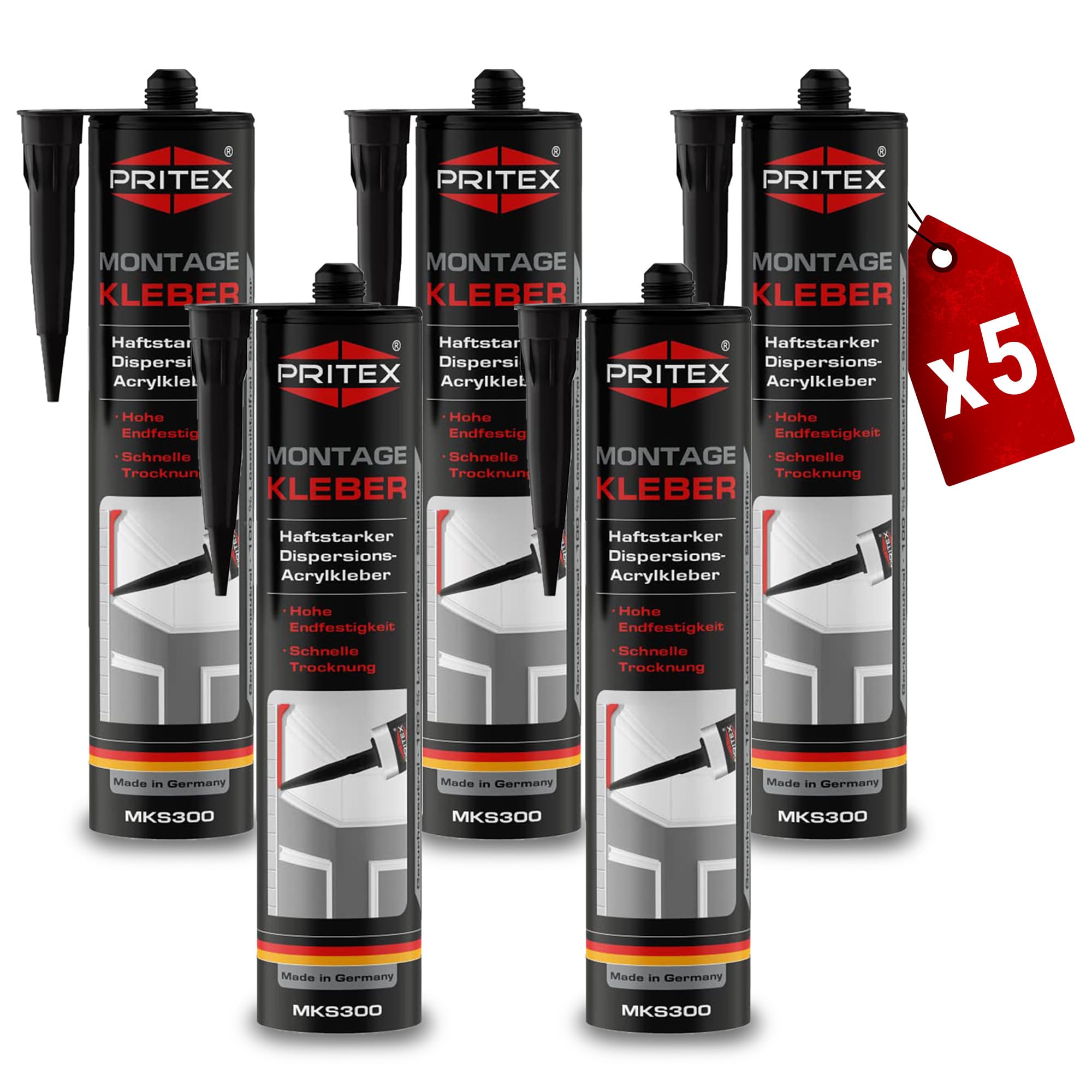 PRITEX – Profi Montagekleber Weiß 5x 300 ml – Baukleber für Holz-Paneele, Kabelkanäle, Sockelleisten, Styropor, Fliesen, Beton uvm. – haftstarker Universalkleber auf Acrylatdispersion-Basis für innen