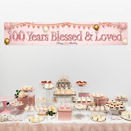 Miniatura 5 de Labakita Cartel de 100 años bendecidos y amados, pancarta de feliz cumpleaños número 100 de Lager, decoraciones de cumpleaños número 100 de