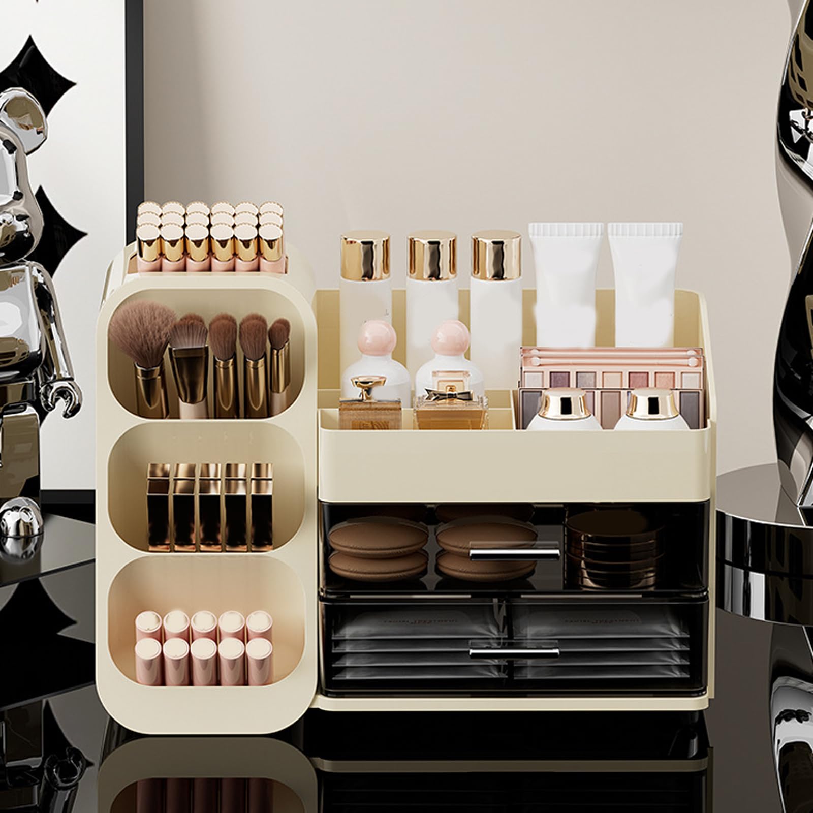 Effiziente Make up Aufbewahrungslösung mit Fächern für Kosmetika, transparente ABS Box, praktische kompakte Vitrine, Make up Organizer mit Schubladen