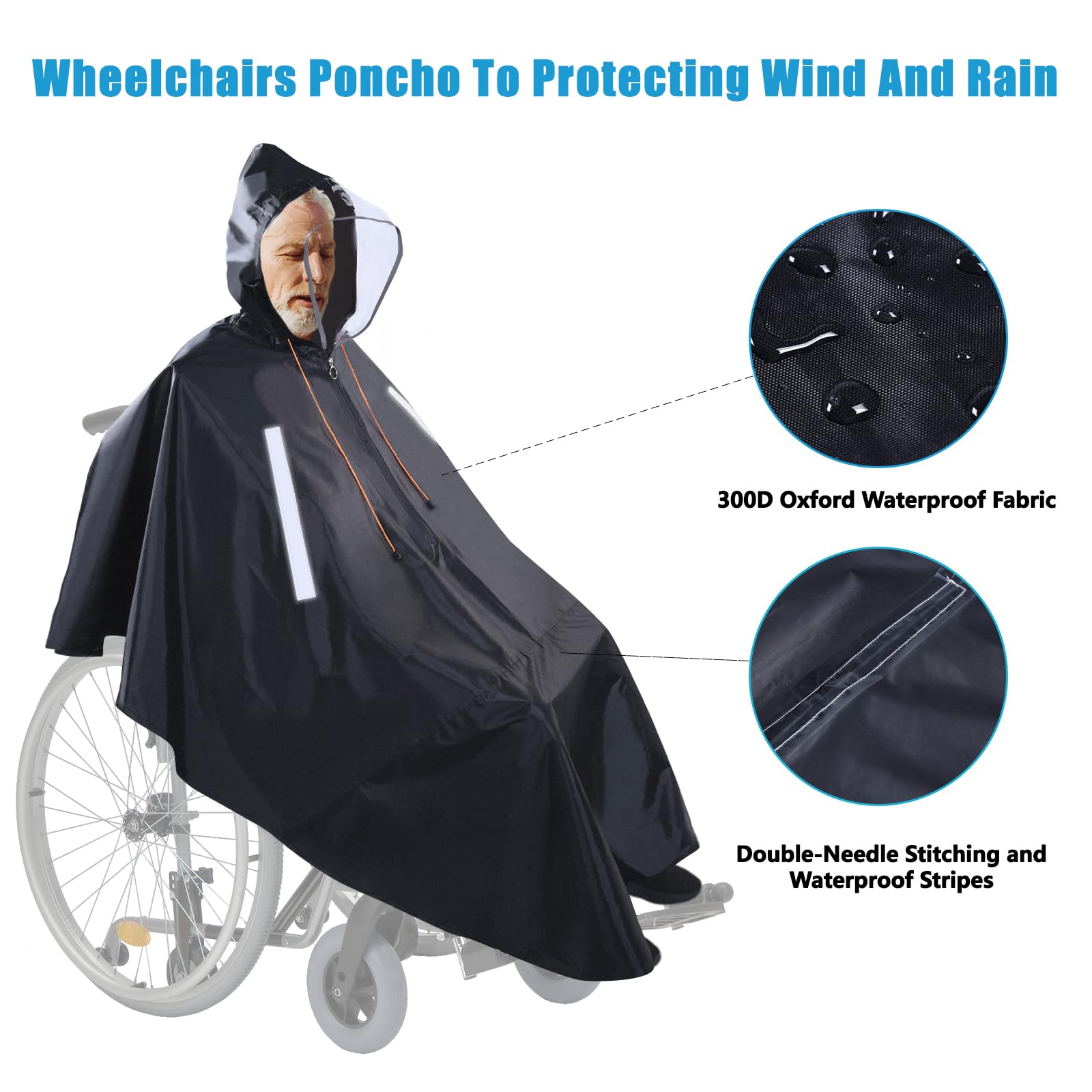 Funda Poncho Lluvia para Silla de Ruedas con Capucha Semitransparente, Chubasquero Silla de Ruedas con cremallera impermeable y tiras reflectantes, Wheelchair Raincoat para andador movilidad y scooter