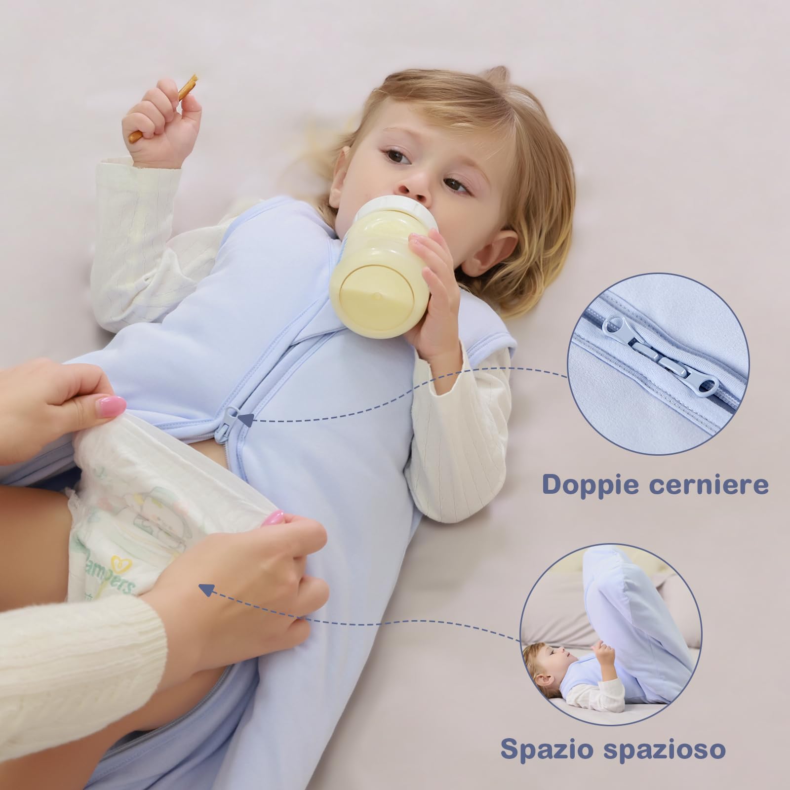 Mosebears Sacco nanna invernale per bambini, 2,5 Tog, 100% cotone, per diverse misure dalla nascita fino all'età di 24 mesi (Blue Fog, 18-24 mesi)