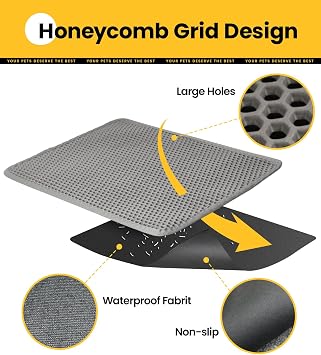 Conlun Cat Litter Trapping Mat for Small Spaces, 23.6x14.6 Space-Saving Litter Box Floor Mat, Hexagon Grids & Anti-Leak Base, Machine Washable, Non-Slip Kitty Matt for Apartment, Gray