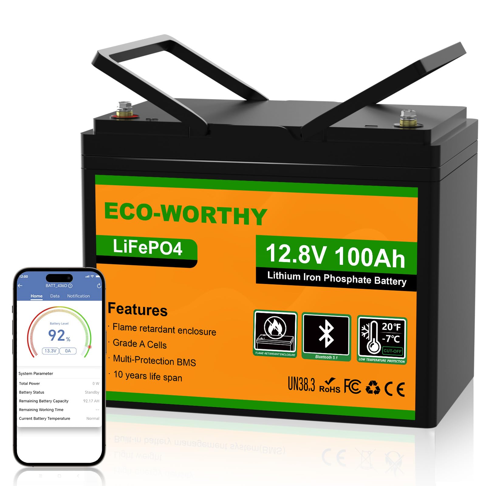 ECO-WORTHY LiFePO4 12V 100Ah Bluetooth mit 100A BMS Low Temperature Schutz und Max. 15000 Zyklens,1280Wh Lithium Batterie 12V 100Ah Autobatterie für Wohnmobil,Wohnwagen,Boot