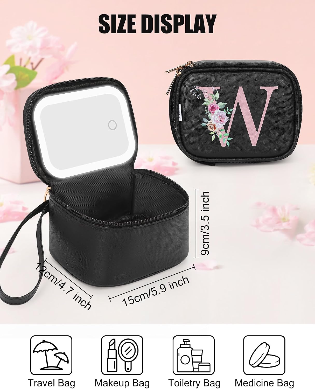 Relavel Mini Makeup Bag with LED Mirror, Black W image 2