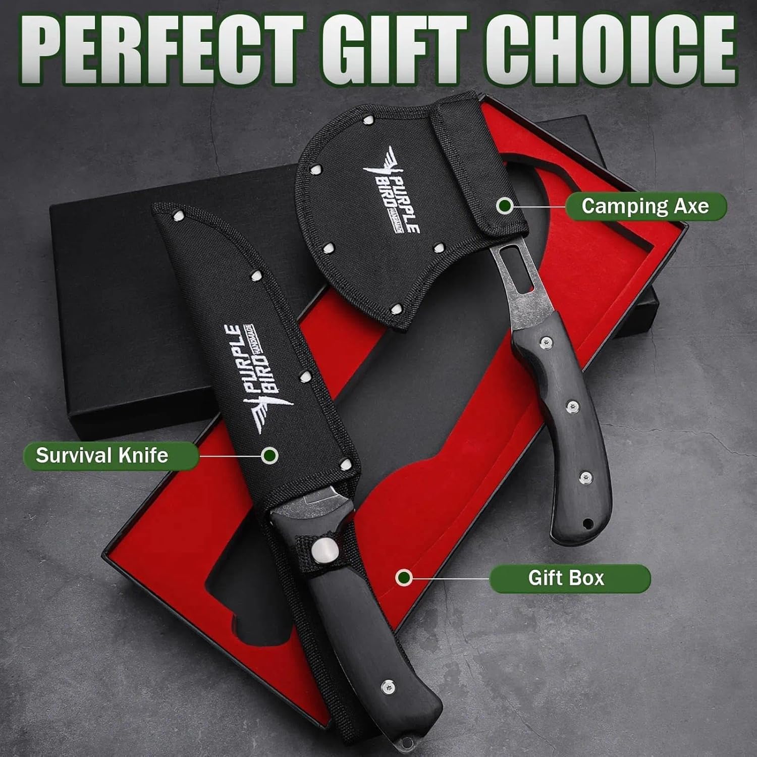 PURPLEBIRD Outdoor Axes & Fixed Blade Knife Set - Full Tang Camping Hatchet and Hunting Knife with Sheath, Lightweight Small Hand Axe & Survival Knives Set with Wood Handle, for Men
