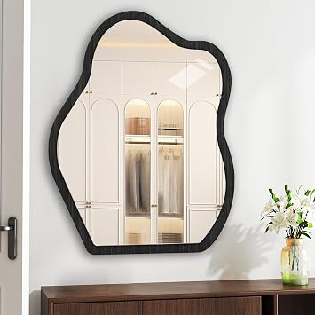 Asymmetrical Cloud Shape Mirror - Irregular Aesthetic Wood Framed Vanity for Living Room, Bedroom, Entryway & Bathroom D cor Black, 46x60cm 18.11x23.62