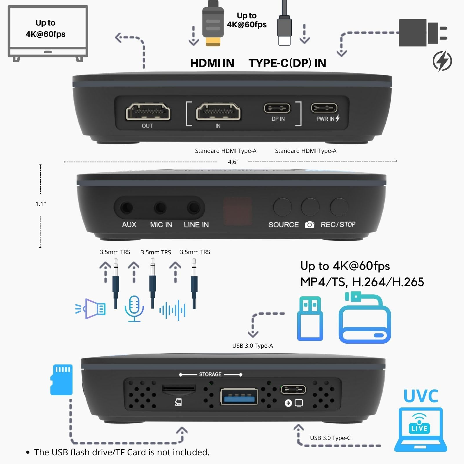 ClonerAlliance UHD Halo, 4K @ 60fps Standalone Video Recorder mit H.265/H.264 Codec, HDMI & Mobile Dual Capture, 4K @ 60fps Passthrough, Audio Extract/Mix