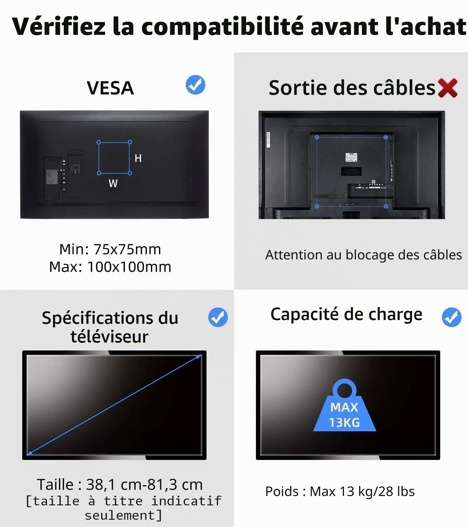 suptek Support TV Mural pour Moniteur et Télévision Plat/Incurvé de 15-32 Pouces, Rotation à 360° Inclinaison 20°, VESA 75x75 / 100x100mm jusqu'à 13 kg, Support Mural TV, Noir, MA2720