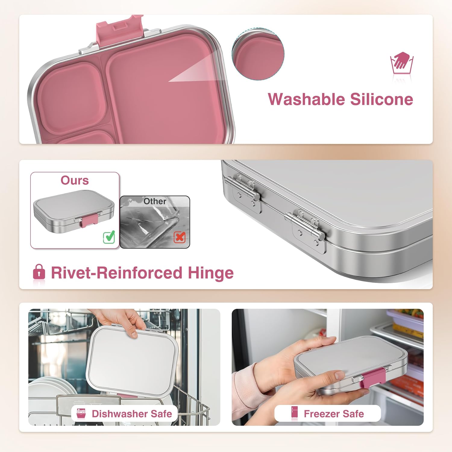 Stainless Steel Bento Lunch Box Kids, 3 Compartments Metal Bento Box Container for Kids Adults, Leak-Proof Lunch Box for Office, Dishwasher Safe, BPA-Free, Pink - Image 4