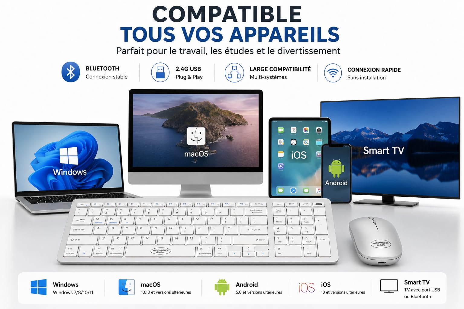 Ensemble Clavier et Souris sans Fil Bluetooth + USB – Combo QWERTY Anglais Slim, Silencieux, 2,4 GHz, Double Mode, pour PC/Mac/Smart TV/Tablette, Batterie Longue Durée (Argent)