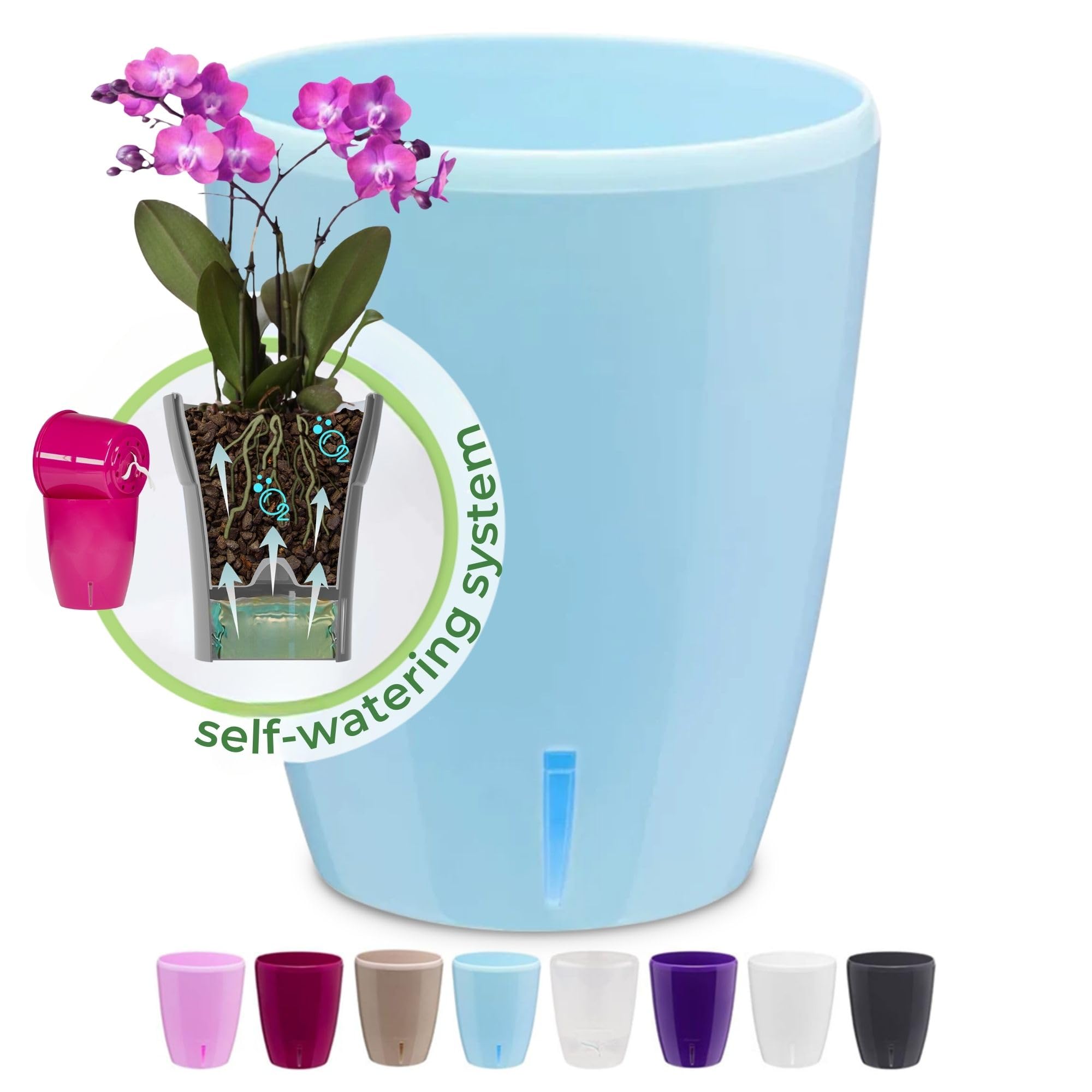 Happyplants Blue / Pack Of 1 Orchidea Clear Orchid Self-Watering Flower Pot Planter With Water Level Indicator Water Reserve And Drainage Holes (Ø12.5cm Ø15cm Ø16.5cm) (Blue, Ø 15Cm - 2L)
