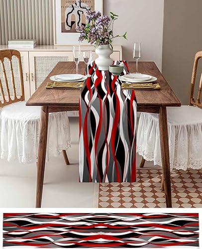 Miniatura 4 de Camino de mesa de lino de algodón  48 pulgadas de largo, rojo, negro y gris, bufandas de tocador, moderno blanco Moire geométrico, arte abstracto,