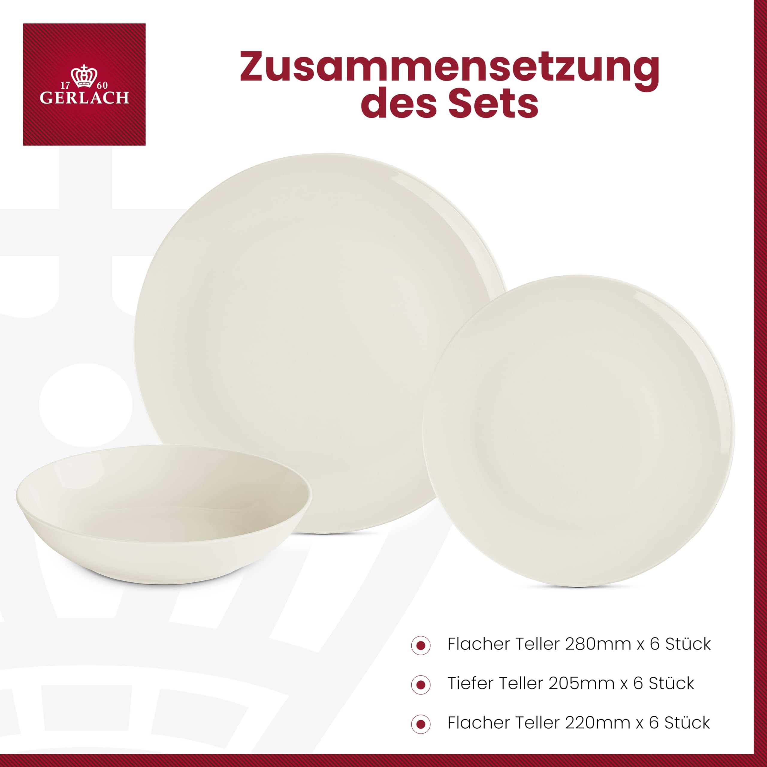 Gerlach Flow Geschirrset Für 6 Personen Teller-Set Aus Porzellan Geschirr 18-Teilig Tafelservice Essservice Suppenteller Speiseteller Weihnachtsgeschirr Moderne Service & Geschirrsets Elfenbeinfarbe