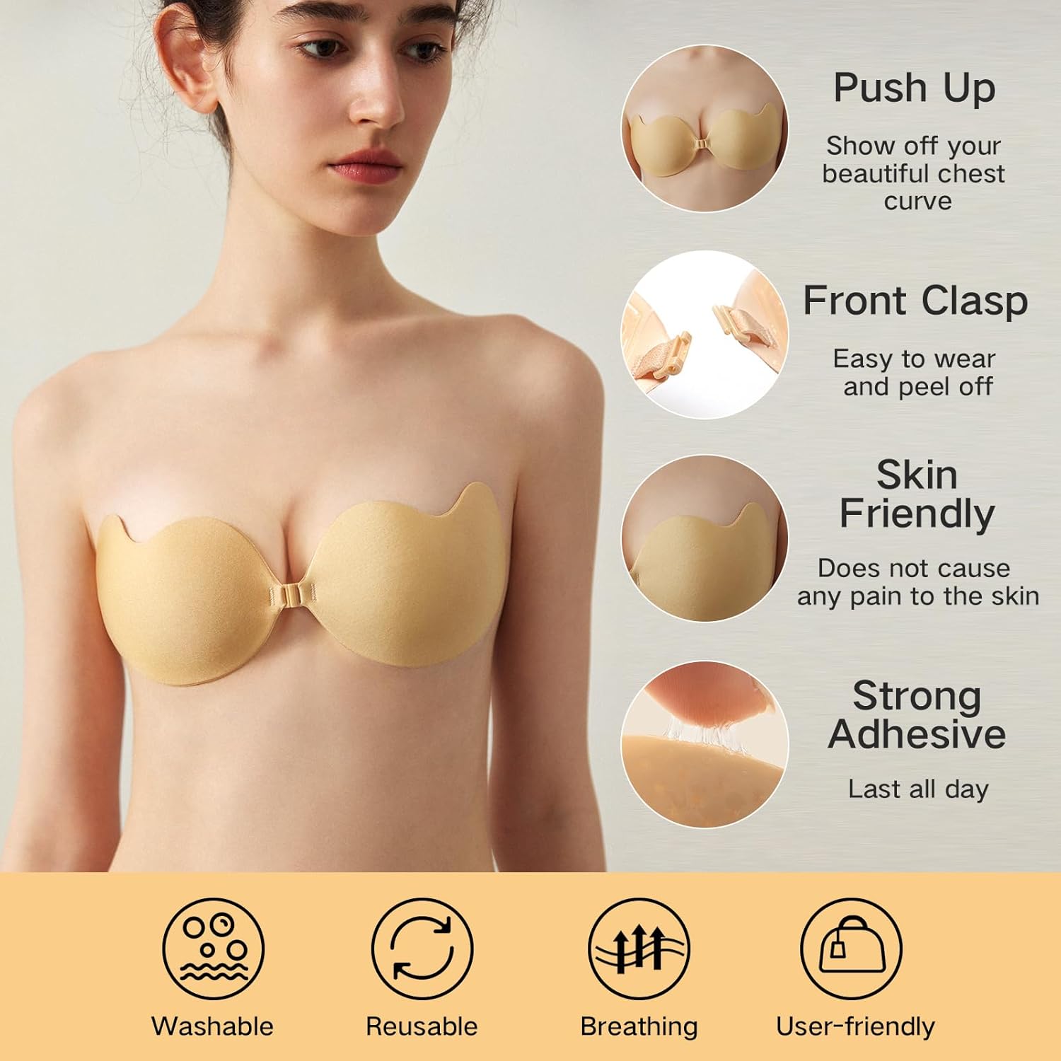 Adhesive Bra,Invisible Sticky Strapless Push-Up Bra, Reusable Silicone Nipple Covers for Backless Dress - Image 2