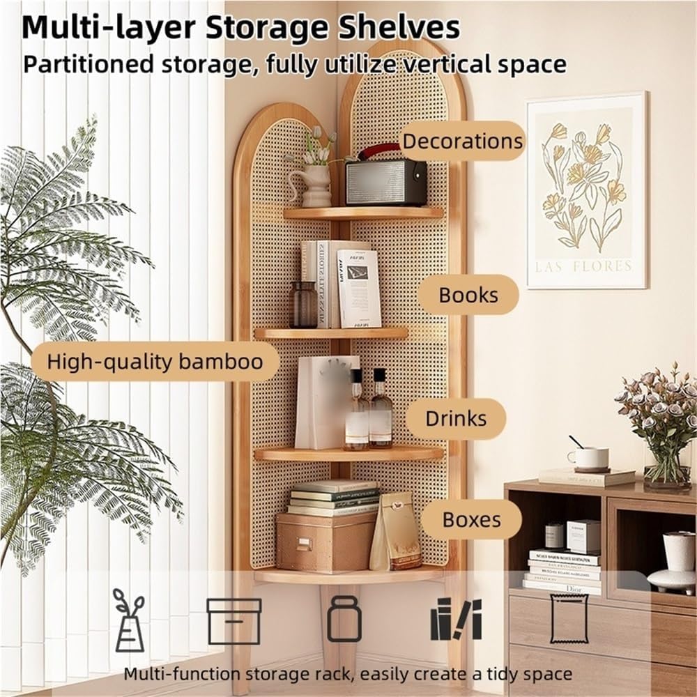 4-Tier Rattan Boho Corner Shelf - Freestanding Display Storage for Living Room, Study & Home Decor, Space-Saving Bookshelf in Brown - Stylish Organizer for Any Room