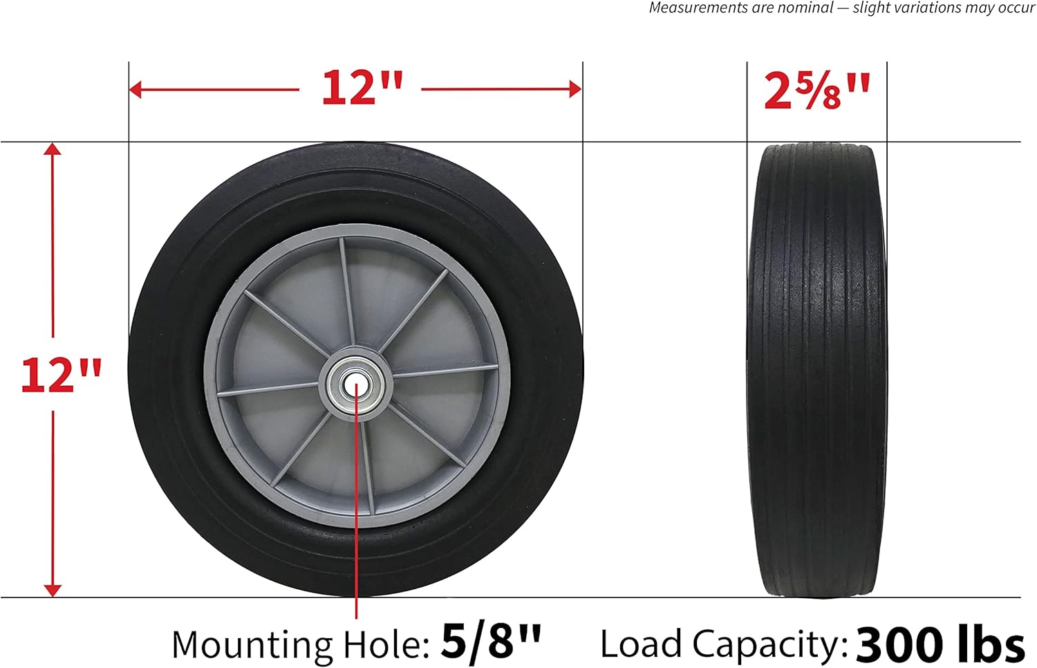 9654 12-Inch Hand Truck Replacement Wheel, Solid Rubber, 2-5/8-Inch Ribbed Tread, 5/8-Inch Bore Centered Axle,Black