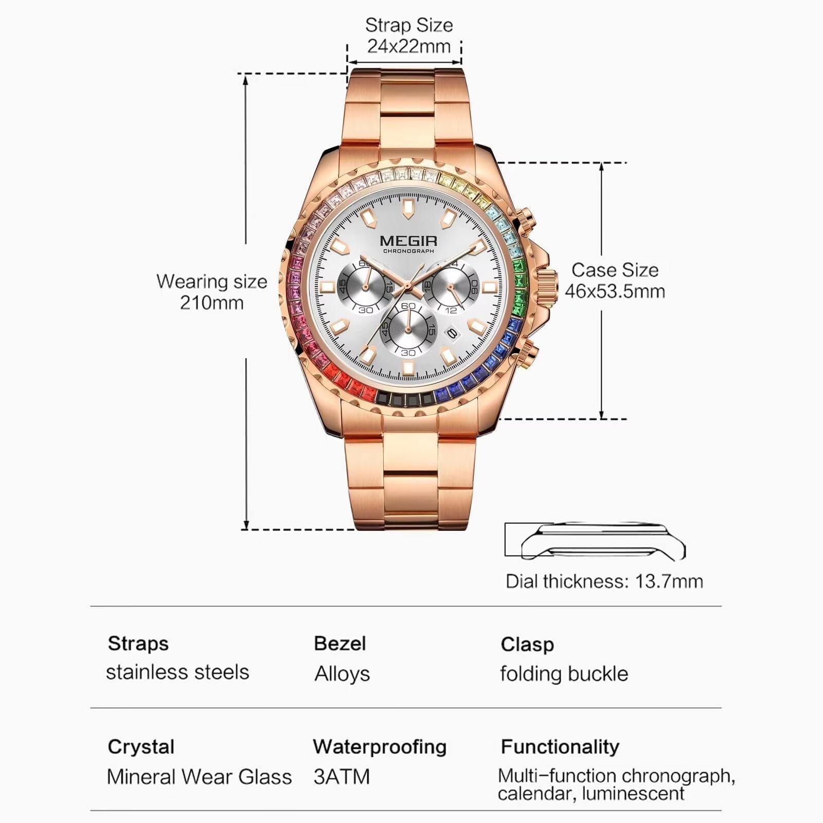 FORSINING Reloj analógico de cuarzo para hombre, esfera de diamante de color de lujo, cronógrafo, casual, reloj de pulsera de acero inoxidable, vestido de negocios, resistente al agua