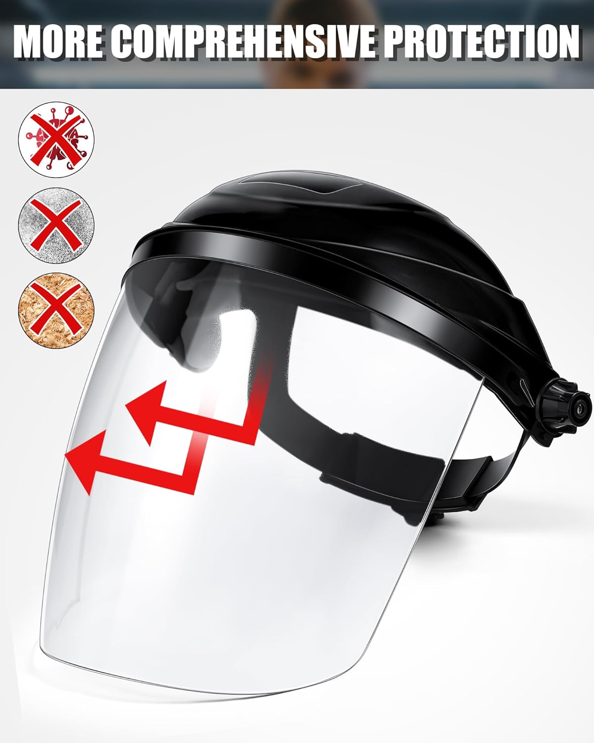 Tellegloww 4 Pcs Clear Safety Face Shield for Grinding & Cutting, Lightweight Full Impact Resistant with Adjustable Ratcheting Headgear Face Shield Mask for Work Chemical Woodworking Industrial, Black