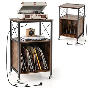 KOMFOTTEU Soporte para Tocadiscos con Estación de Carga, Mesa Auxiliar para Discos de Vinilo con Divisores Extraíbles, Armario de Almacenamiento con Marco de Metal, para Estudio, Oficina