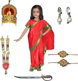 Kaku Fancy Dresses Devi Saree Costumes for Girls With Jewellery | Durga, Godess Saraswati, Mata Laxmi, Sita, Meera Bai Dress With Accessories | Ready to Wear Saree