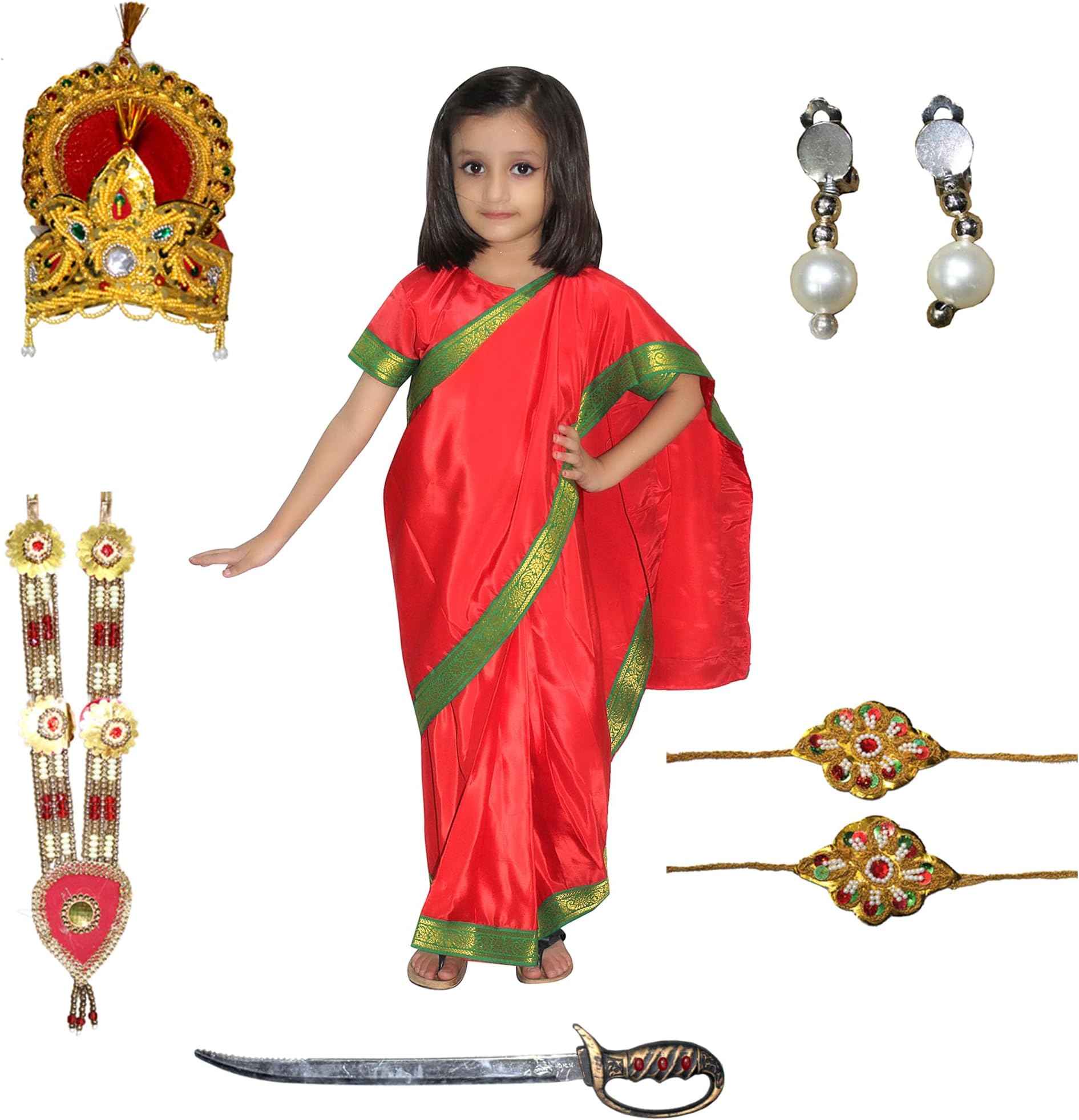 Kaku Fancy Dresses Devi Saree Costumes for Girls With Jewellery | Durga, Godess Saraswati, Mata Laxmi, Sita, Meera Bai Dress With Accessories | Ready to Wear Saree