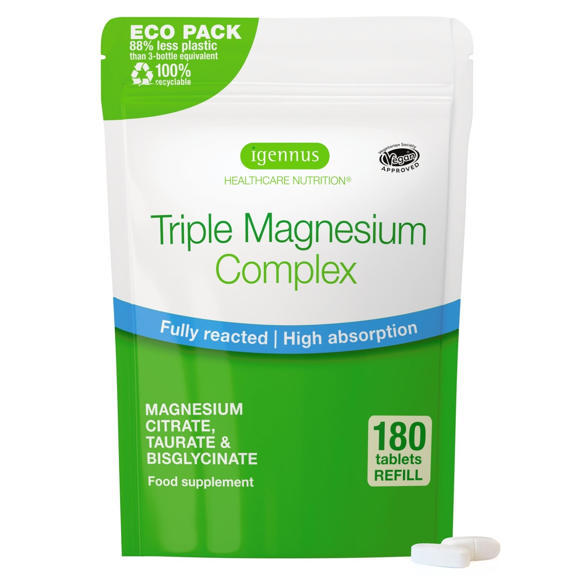 Igennus Fortschrittlicher Dreifach-Magnesium-Komplex, vollständig ausreagiertes & chelatiertes Glycinat, Taurat & Citrat, Clean Label, hohe Bioverfügbarkeit & Absorption, 180 Tabletten, Vegan