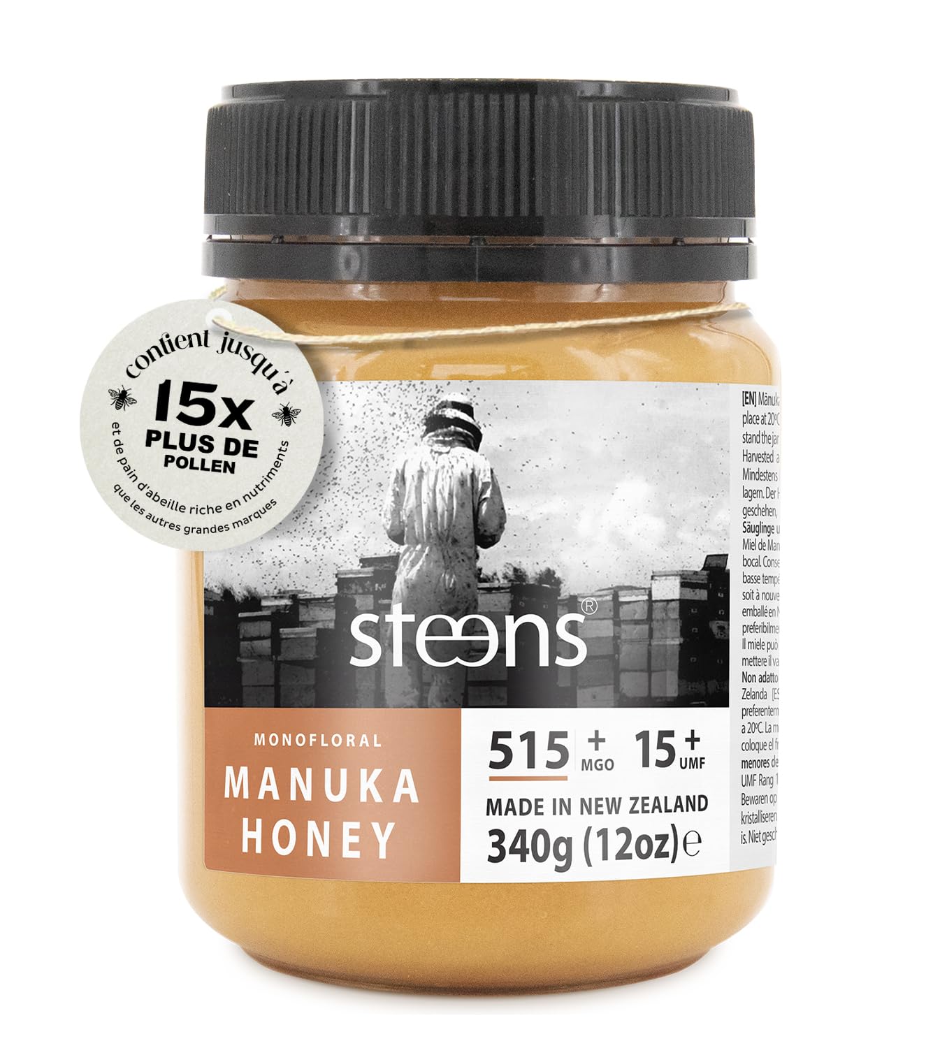 Steens Miel de Manuka - MGO 515+ - 100% certifié Miel Manuka cru pur UMF 15+ - Mis en pot et scellé en Nouvelle-Zélande - Manuka Honey 340 g
