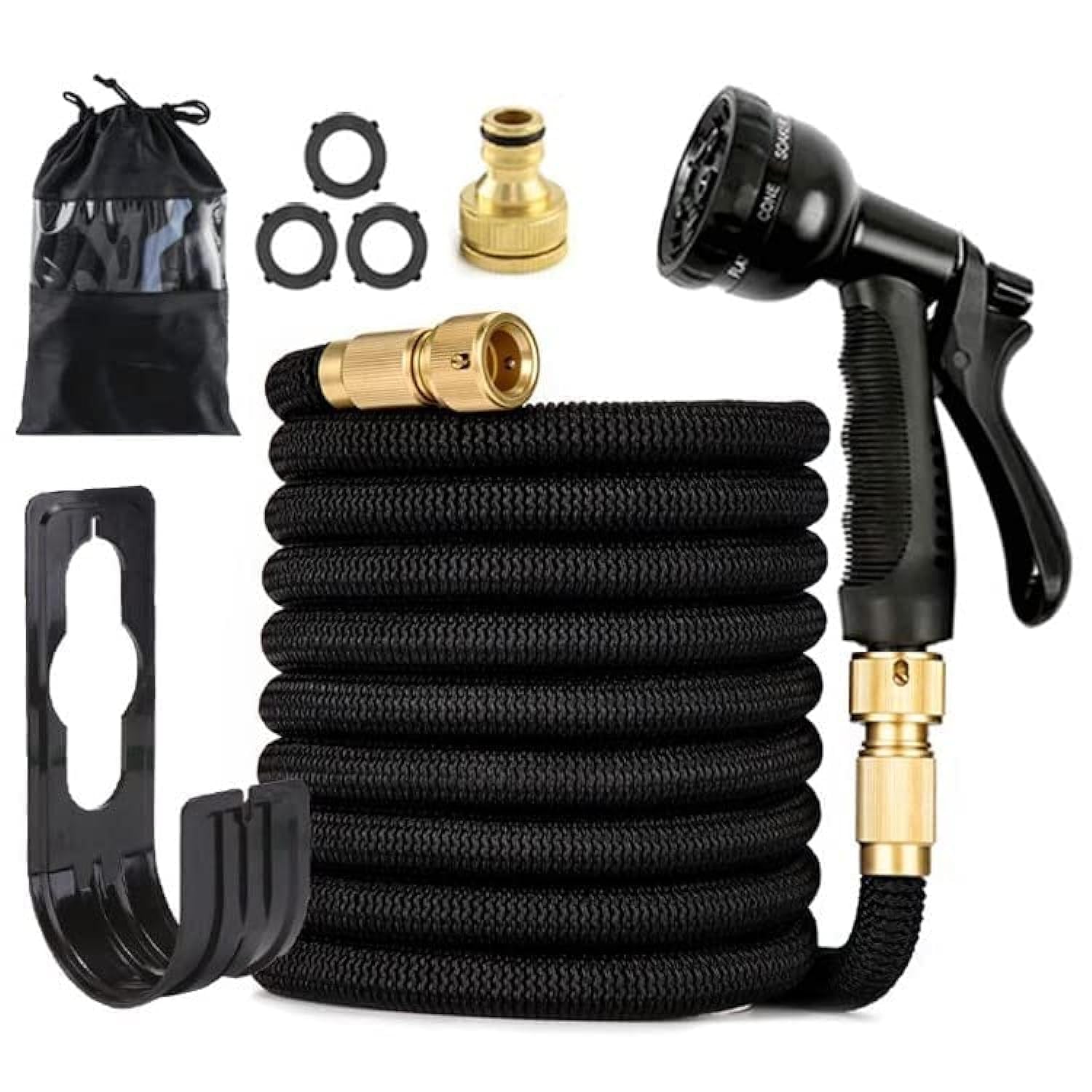 75FT Expandable Garden Hose，Three Times Shrink with 8 Nozzle Patterns，Extra Strength Fabric Double Latex Core Hose，for Garden House Cleaning Pet Bathing Car Washing (D)