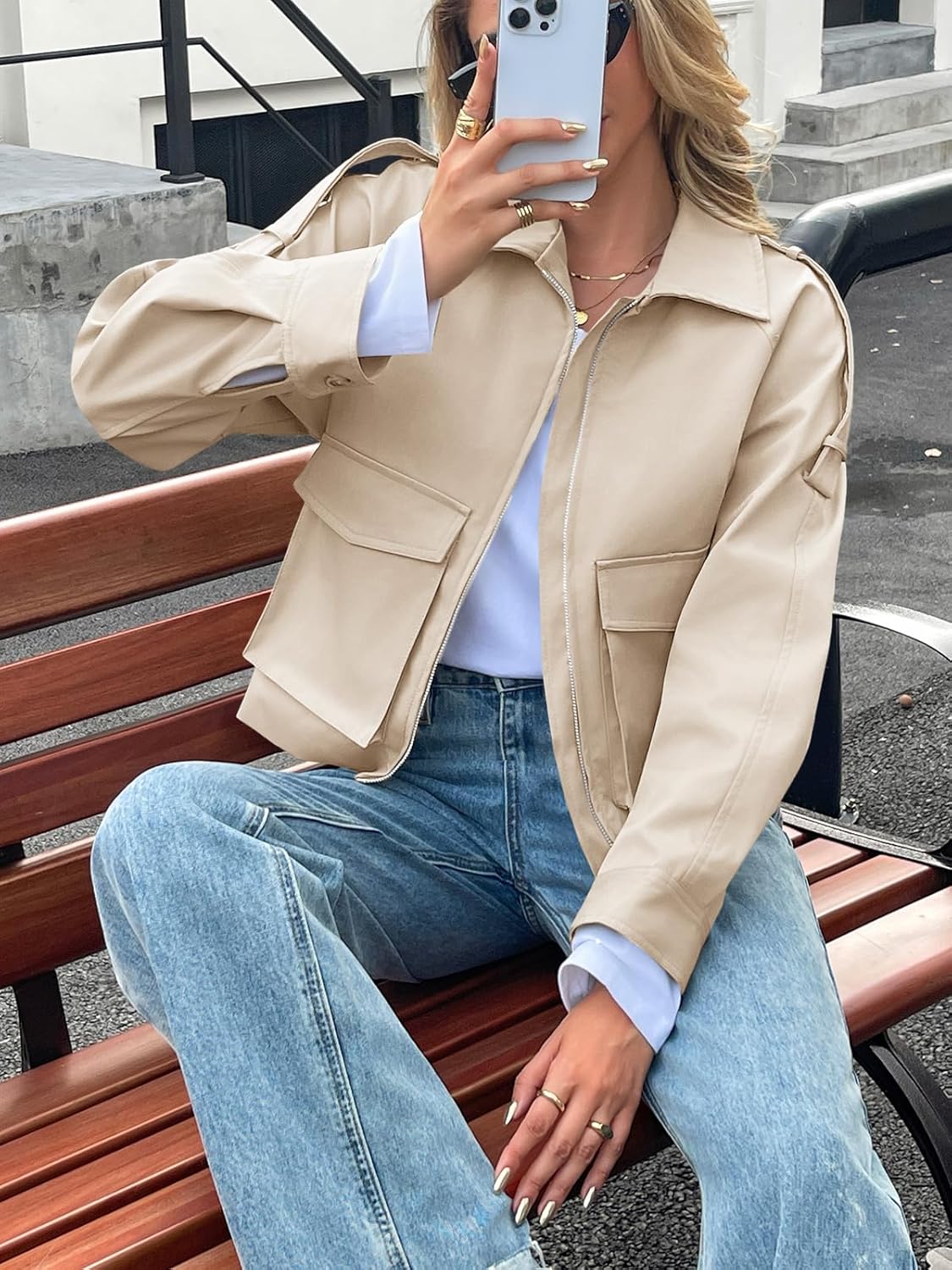 Tankaneo Womens Cropped Casual Jackets Zip Up Lightweight Utility Anorak Coat Military Safari Short Jacket with Pockets - Image 5