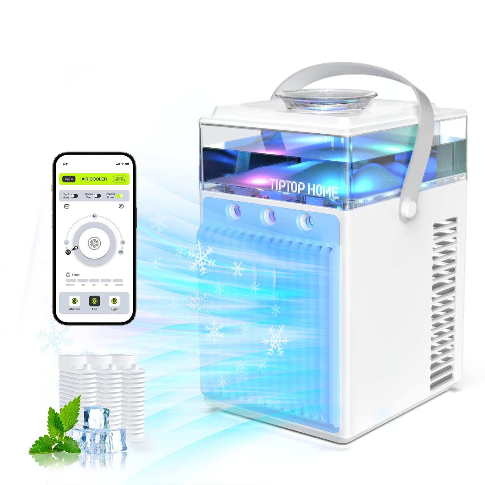 Portable Air Conditioner, 4-IN-1 Evaporative Air Cooler with App Control, 800ml Water Tank, Rechargeable Mini Air Conditioner, 3 Speeds & 3 Mist, Colorful Night Light Cooling Fan