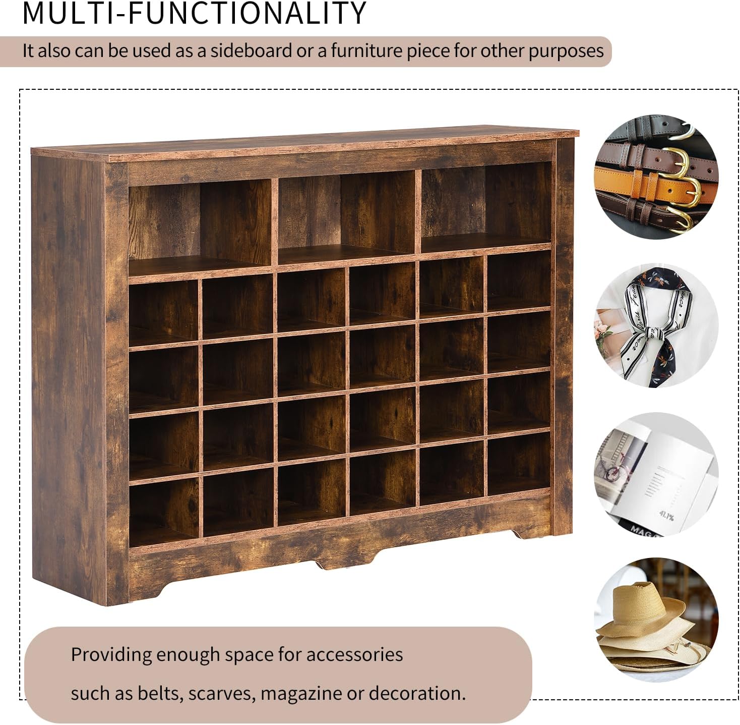 Merax Sleek Design 24 Shoe Cubby Console, Modern Storage Cabinet with Curved Base, Versatile Sideboard for Hallway, Bedroom, Living Room, Rustic Brown